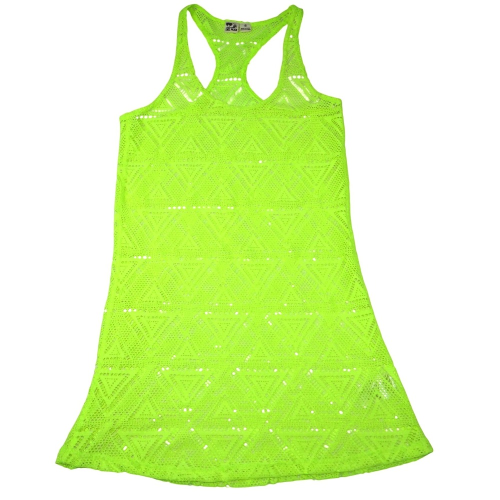 Del Mar Neon Lime Green Crochet Geometric Triangle‎ Swim Cover Up Dress Small